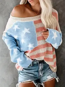 Color Block American Flag Striped Knit Pullover Top - Women's Casual Crew Neck - 100% Polyester, Spring/Summer Collection