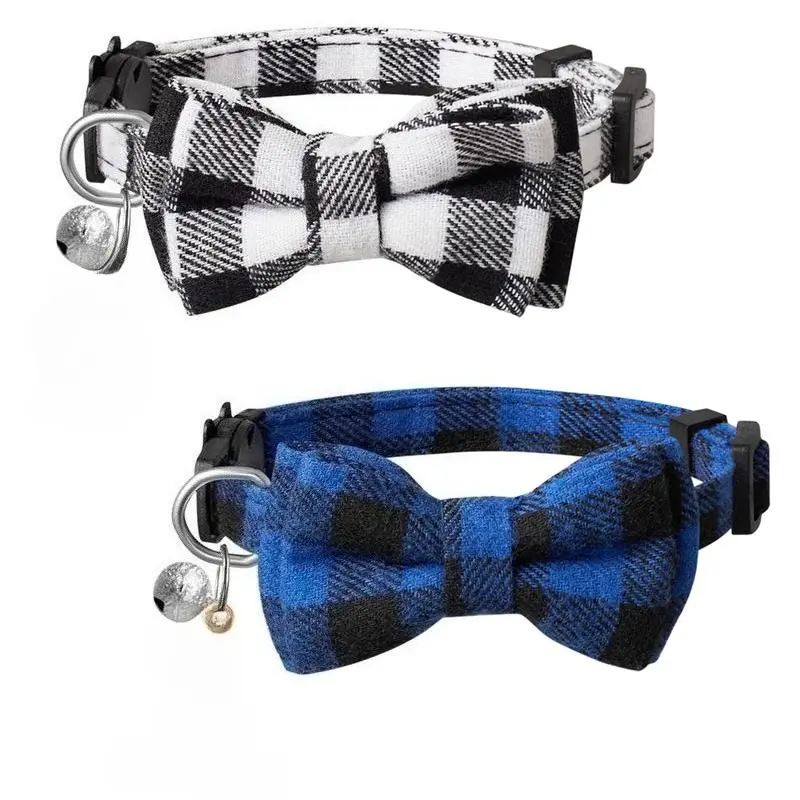 Plaid Nylon Fabric Cat Collars (2-Piece Sets, 1.0cm Width, 18-30cm/7-12in), Adjustable for Cats, with Safety Release Buckle, Bow Tie, Bell, Fish Charm, Two Piece Sets