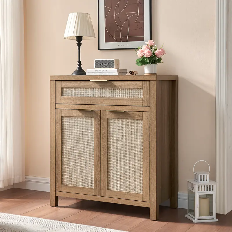 PieDle Furniture Rattan Crafted Storage Cabinet with Adjustable Dividers, Bohemian Style Buffet for Multiple House Areas like Kitchen, Hallway & Living Room