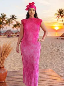 Elegant Plain Printed Wrinkle Slim Fit Moo Moo Long Dress with Scarf, Beach Cover Up for All Seasons, Casual Women's Fashion