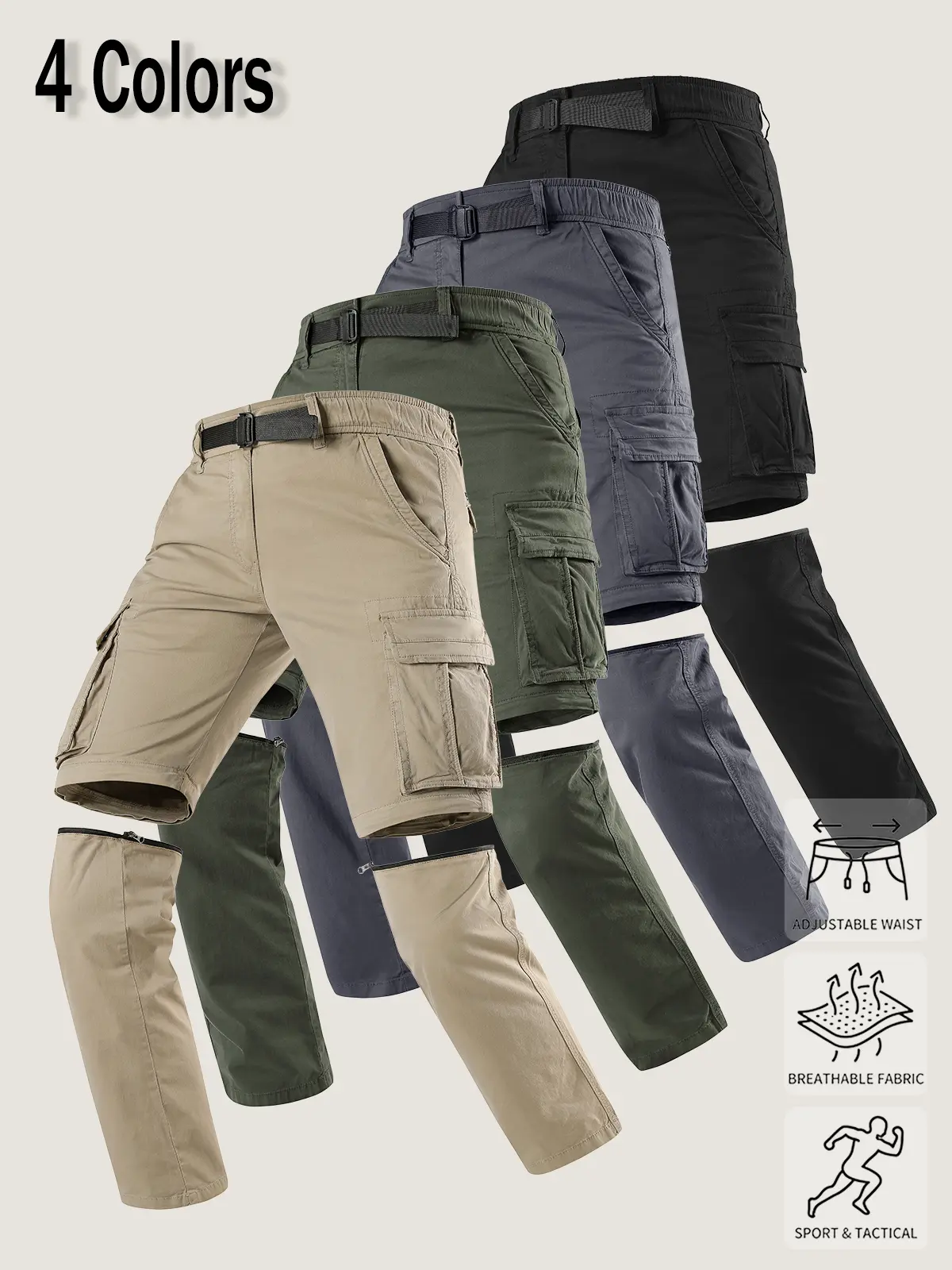 2-pack zippered cargo pants with detachable design, convertible between long and short lengths, elastic waistband, and dual side flap pockets; practical tactical fit suitable for mountaineering, hiking, outdoor camping, and long road trips.