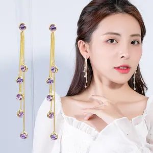 Long tassel colorful earrings, Korean and Japanese style simple stud earrings, purple earrings aE50085-EH