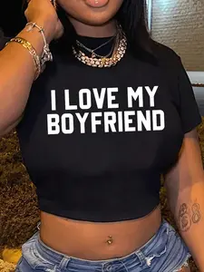 Women's Slogan Print Round Neck Crop Tee, Fashion Casual Crew Neck Short Sleeve T-shirt for Daily Holiday Vacation Outdoor Wear, Ladies Clothes for Summer, Crew Neck Tops, Graphic Top