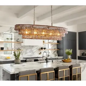 53.7" 5-Lights Large Tiered Rectangle Gold Chandelier with Smoke Glass Shade