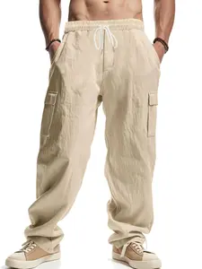 Men's Solid Color Linen Cargo Pants, Casual Slant Pocket, Regular Fit Casual Comfy Pants for Spring & Fall, Men's Trousers for Daily Wear, Beige