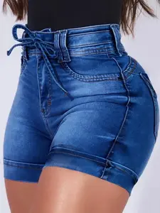 [US Shipping] MW Women's High-Waist Chic Jean Shorts - Denim Style Medium Wash Above-Knee Bottoms with Tie Belt, Comfortable Plain Casual Everyday Wear, Denim Style Shorts