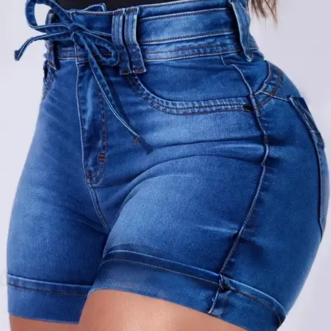 Women's High-Waist Denim Shorts - Medium Wash, Above-Knee, Included Tie Belt, Flattering Fit, Chic Casual Everyday Wear, Waist-Stays-Put Bottoms