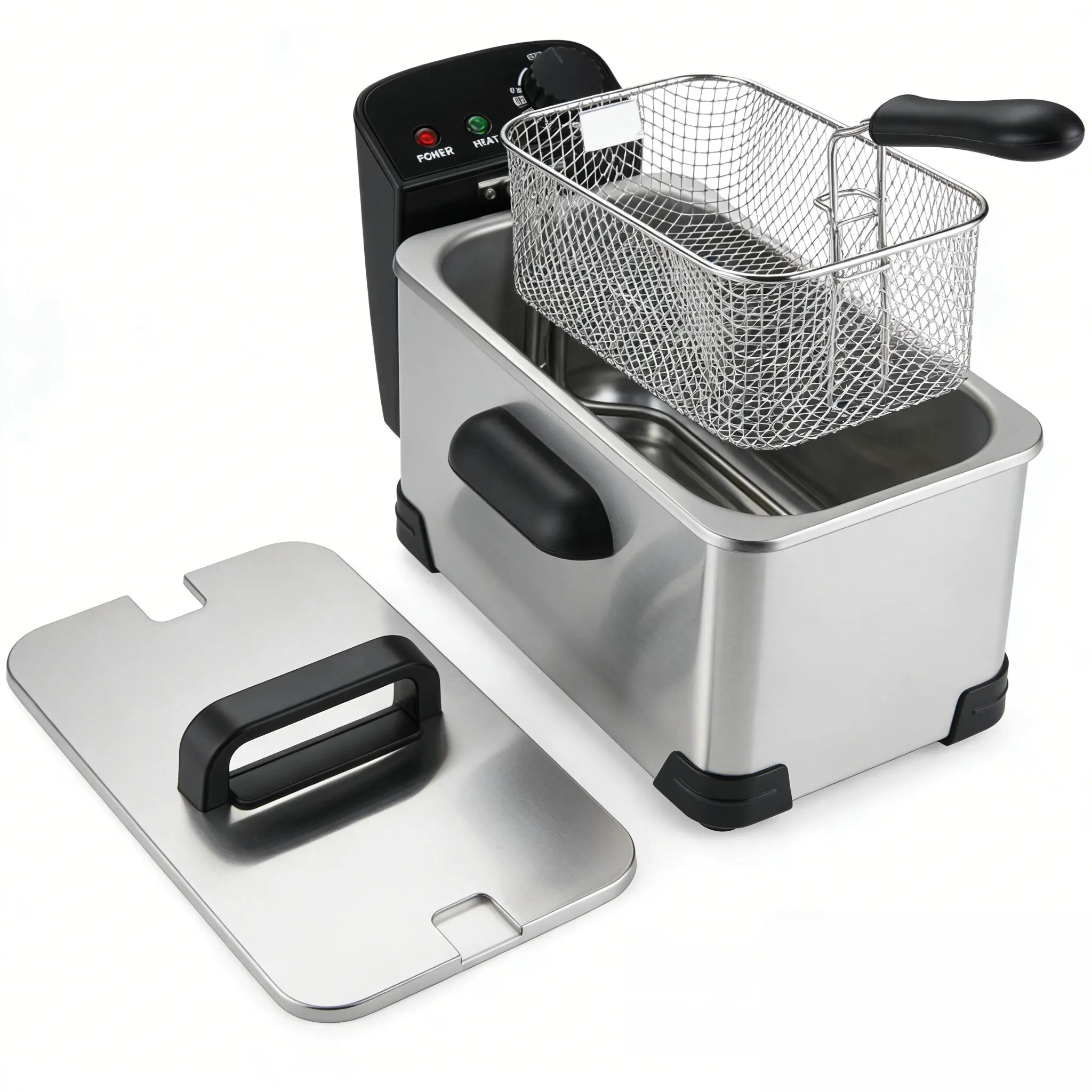 Stainless Steel Electric Deep Fryer with Basket & Lid, Adjustable Temperature Control, Countertop Kitchen Stainless Steel Fryer for Home Use, French Fries, Chicken Wings, Stainless Steel Fryers