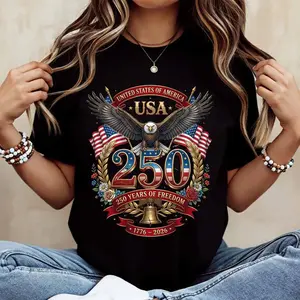 United States Of America Usa 250 Years Of Freedom 1776 2026 Eagle And American Flag Print T Shirt  Casual Loose Fit For Everyday Wear And Outdoor Activities
