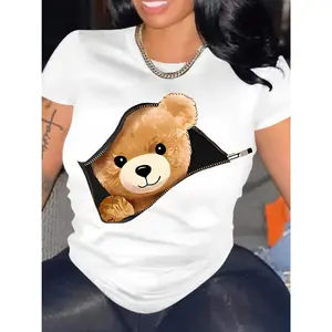 Women's Casual Sporty T-Shirt with Cute Teddy Bear Print, Round Neck, Ribbed Crew Neck, Pullover Short Sleeve Tee, Stretch Polyester Fabric, Fashionable Comfort Fit for All Seasons