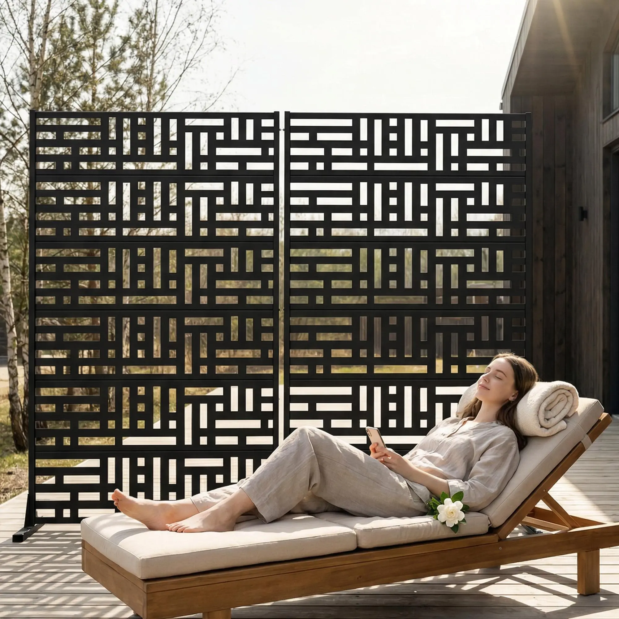 Steel Outdoor Metal Privacy Screen, 72"x47" Freestanding Decorative Fence Panel, Heavy Duty Weatherproof Garden Screen for Patio & Backyard