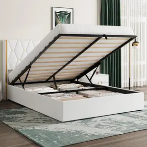 YJ-Garvee - Queen Size Storage Bed Frame with Gold Wingback Headboard, Velvet Upholstered Bed Frame with Diamond Design and Gold Trim, Hydraulic Support, no