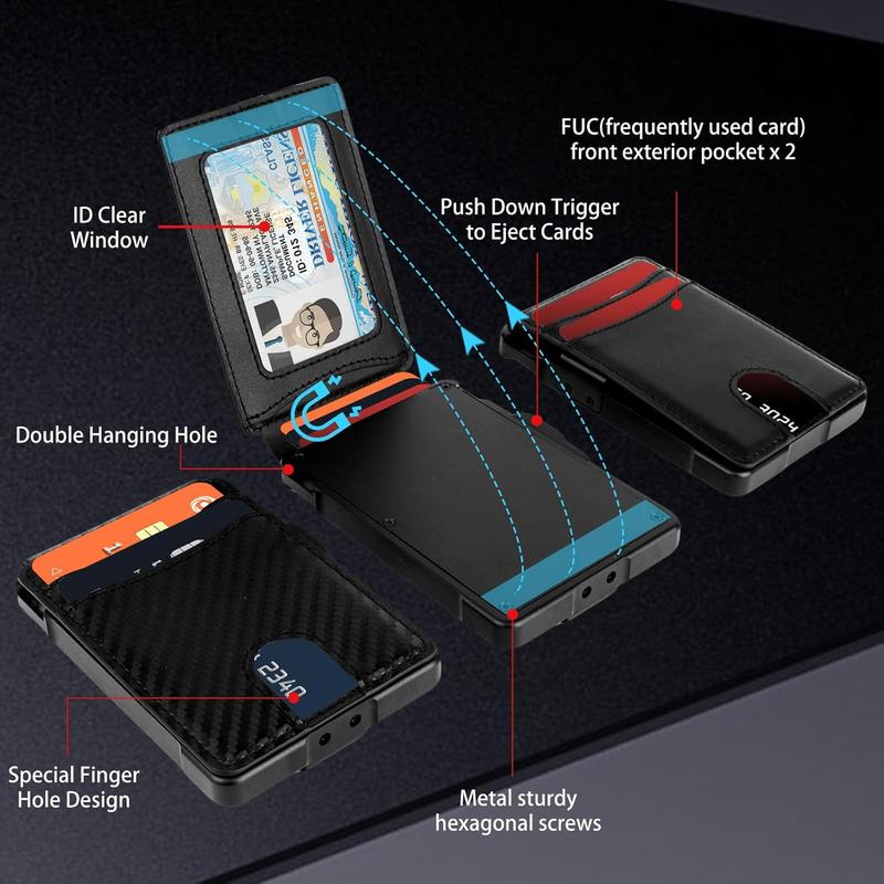 Slim AirTag Wallet for Men - Pop-Up Aluminum Case, RFID Blocking Leather Bifold with Money Clip & Card Slots, Includes Gift Box,No Airtag Included,Carbon Black