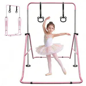 Adjustable height gymnastic bar for children, reinforced steel frame, equipped with rings, foldable horizontal lever for easy storage, gymnastics training equipment for teenagers, specially designed for home training.