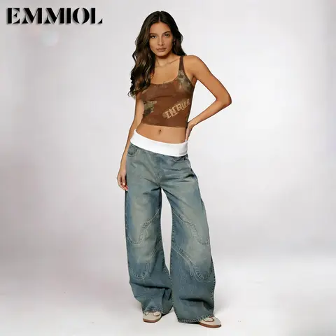 EMMIOL Women Y2K 90S Hip Hop Baggy Jeans Boyfriend Wide Leg Denim Pants Mid-Low Foldover Rise Loose Streetwear Outfits【Back to School】