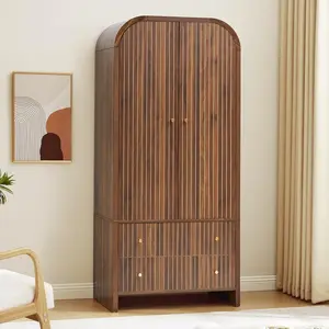 Arched Armoire Wardrobe Closet, Mid-Century Modern 2-Door Freestanding Wardrobe with Hanging Rod and 2 Drawers, Fluted Carved Clothing Storage Cabinet for Bedroom (Walnut)