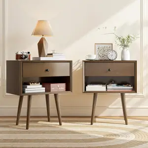 [MothersDayGift]VanAcc Solid Wood Nightstand Set of 2, Fully Assembled End Table with Storage Drawer & Open Cubby, Mid-Century Modern Side Table for Bedroom