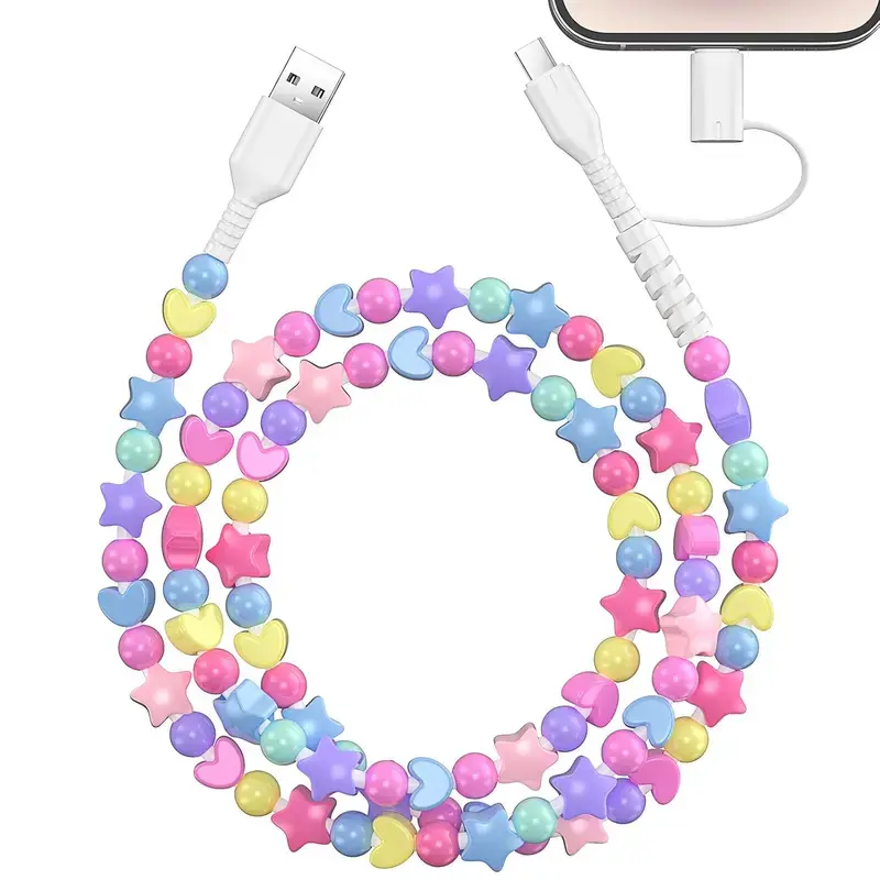 Beaded 2-in-1 Charging Cords 3.3ft MFI Certified USB A to USB C for iPhone 16/15 iPad Samsung Laptops Colorful Beaded Design