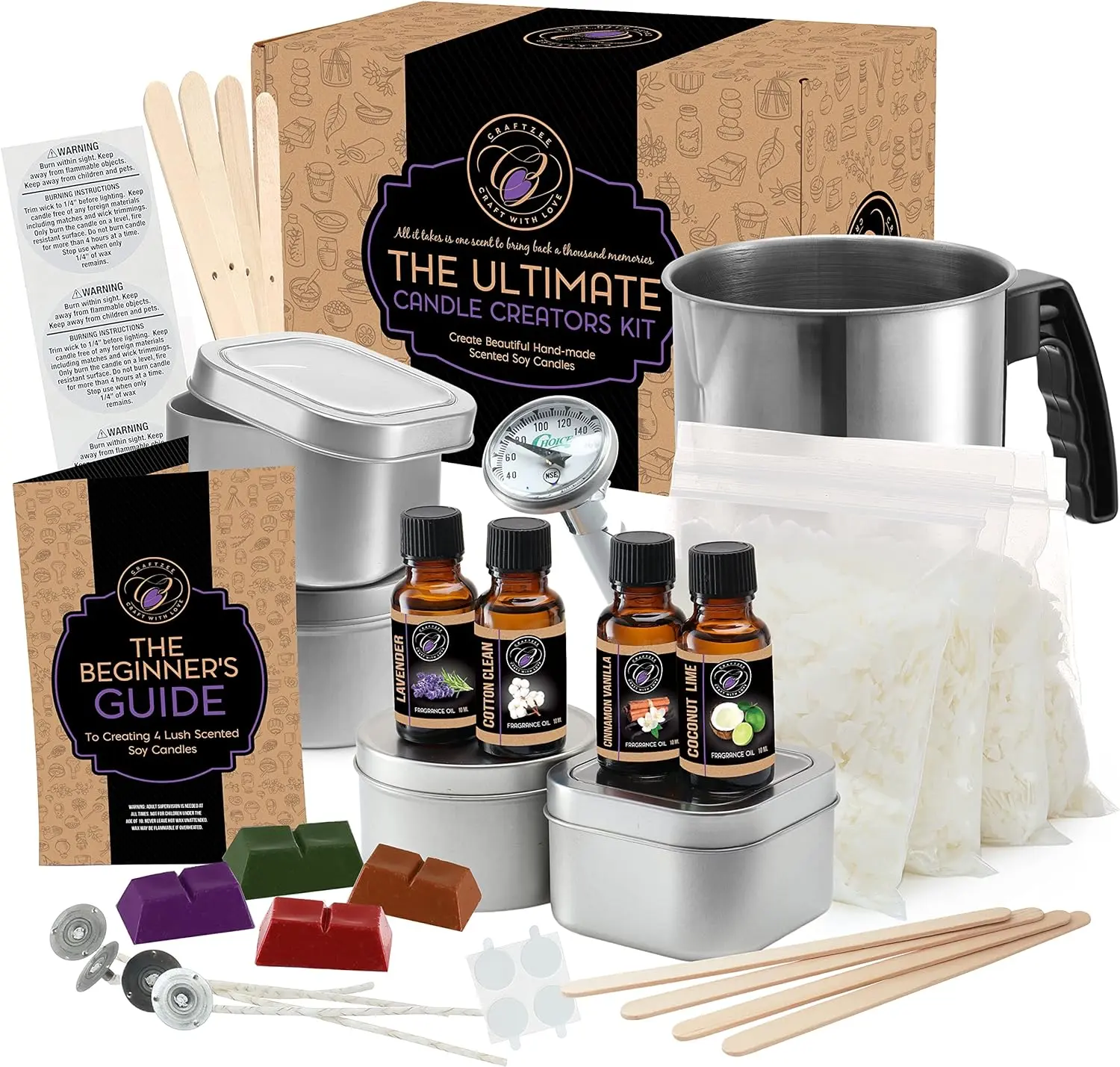 CraftZee Essential Soy Candle Making Kit – Beginner Starter Set Includes Natural Soy Wax, Scents, Frosted Glass Jars, Wicks, Dyes, Melting Pot, Gift Box & More
