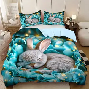 Cute Rabbit Theme Soft Bedding Set, 3-Piece Fluffy Blanket Cover + 2 Pillowcases, No Filler Included, Ideal for Bedroom Living Room Office Hotel Decor