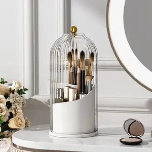 1PCS Makeup Brush Holder Organizer with Clear Lid 360 Rotating Sliding Opening Dustproof Brushes Container for Vanity