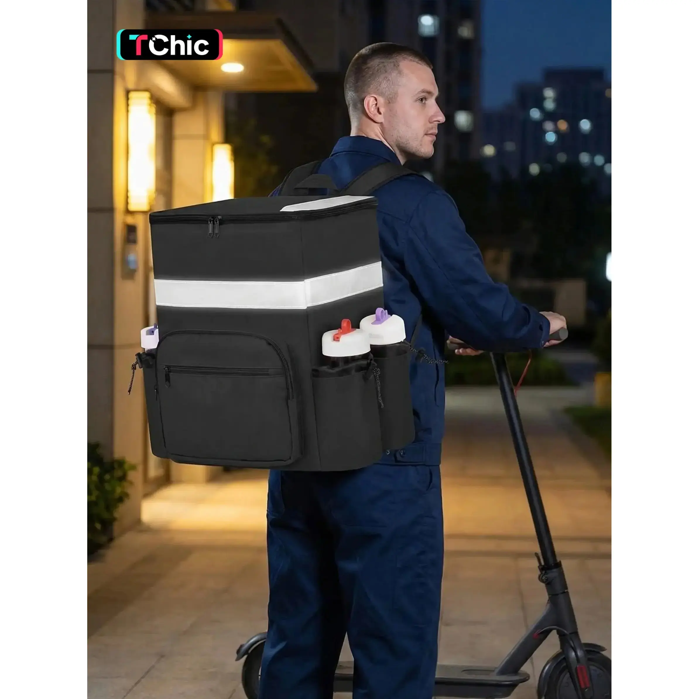 Expandable Insulated Food Delivery Backpack, Large Capacity Leak-Proof Waterproof Pizza Bag with 4 Mesh Pockets, Reflective Strips, Insulated Delivery Bags