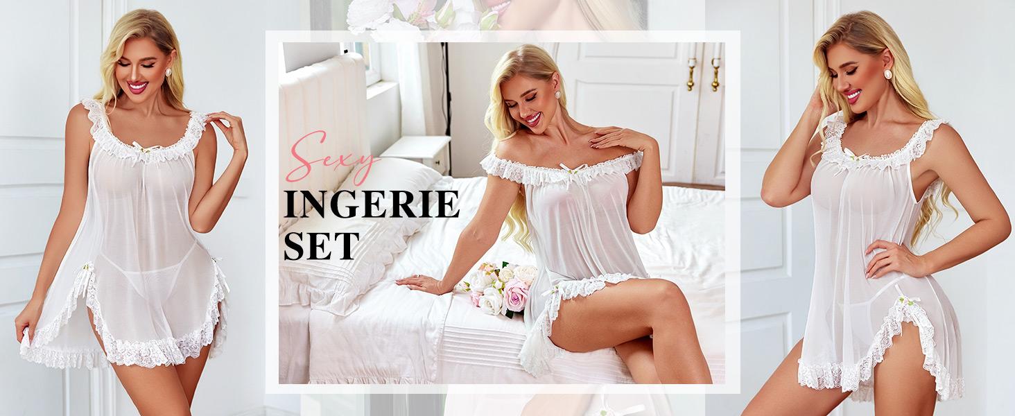 Avidlove Women 2 Piece Babydoll Lingerie Set Sheer Mesh Lace Slip Nightgown | Mesh Babydoll Lingerie Set With Lace Ruffle Slip and Thong.Perfect for Honeymoon,Wedding Night and Bridal Boudoir Shoot