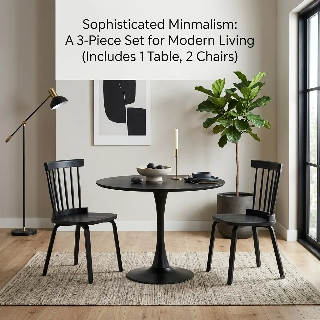 Black 3-Piece Round Dining Table Set for 2, 31.5" Tulip Table with Pedestal Base & 2 Wood Windsor Chairs with Spindle Back, Mid-Century Modern Breakfast Set for Small Apartments, Kitchen, or Cafe, Easy Assembly