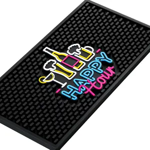 Bar Mat with Fluorescent Pattern Thick Rubber Non Slip Black Bar Spill Mats for Coffee Kitchen Restaurants Countertop Entertaining Home Service(1 Pcs,5.91 x 11.81 Inch)