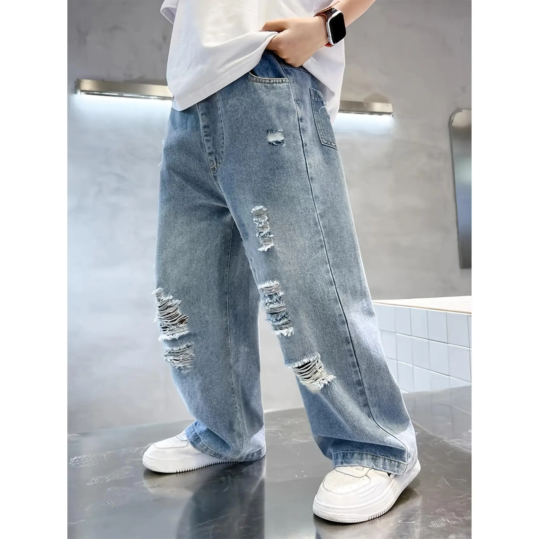 Spring and Summer New Boys' Ripped Jeans |             Distressed Washed Straight-Leg Pants |             8-15 Years Old Youth Street Style Clothing |             Stretchable, breathable, tear-resistant |             Durable and Versatile School Pants