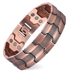 Riddle Men's Red Copper Magnetic Bracelet Wide Stainless Steel Link Trendy Stack Bangle Stretchable & Comfortable