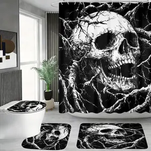 4pcs Skull & Twisted Branches Shower Curtain Set,The floor mat fabric is thicker and softer! Gothic Dark Art Print, Spooky Bathroom Decor, Halloween Vibes, Bathroom Decor And Accessories