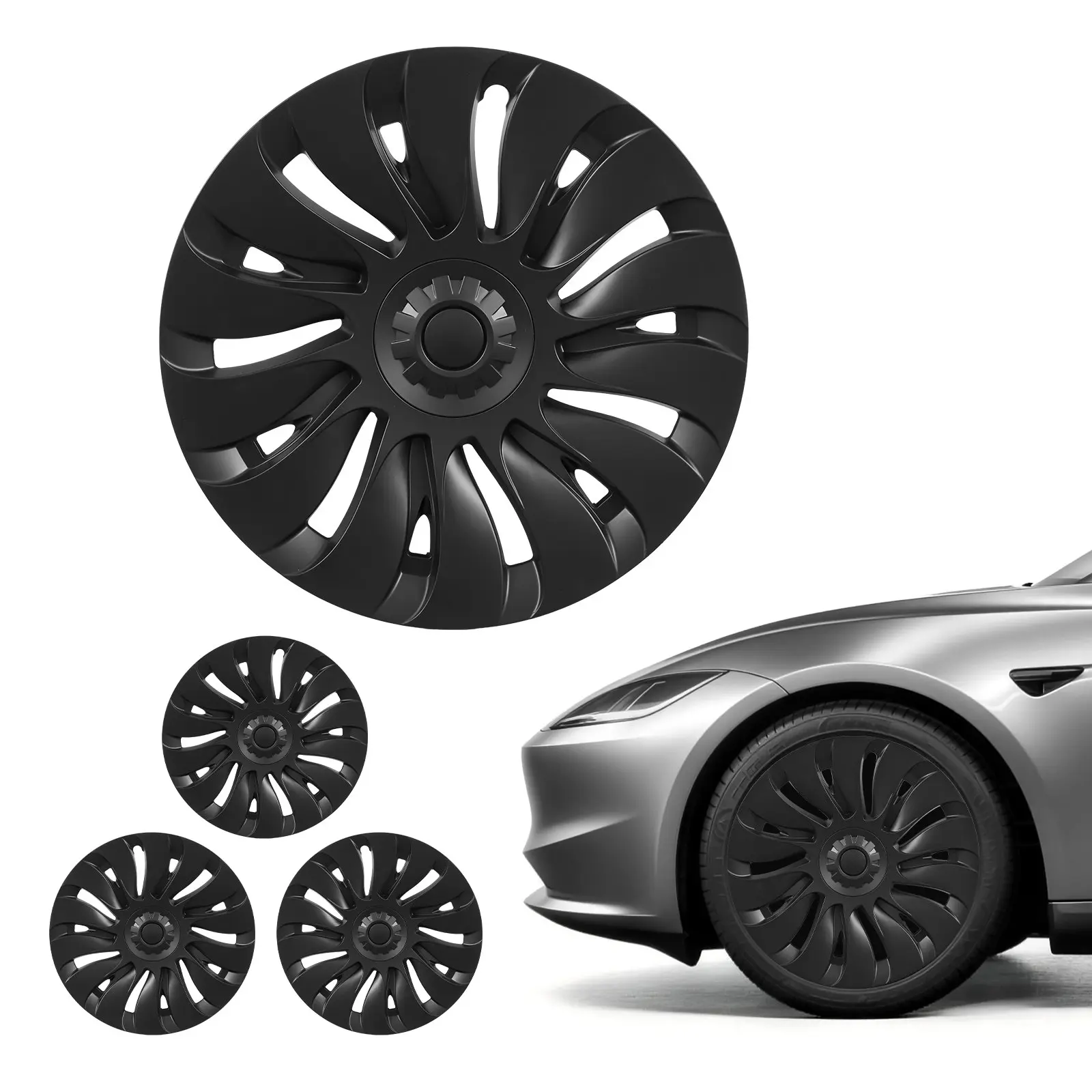 【Summerfinds】VEVOR 19-Inch Black ABS Tire Rim Caps (Set of 4) - R19 Size OEM-Style Snap-On Full-Cover Hubcaps, Pre-Taped Easy Installation, Scratch Guard, Sturdy Replacements for 2021-2024 Tesla Model Y (14-Spoke Matte Finish)