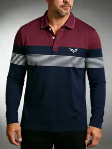 Men's blue striped digital printed long sleeved shirt - casual and comfortable fit, quarter button collar, machine washable polyester fiber for business and home use Classic