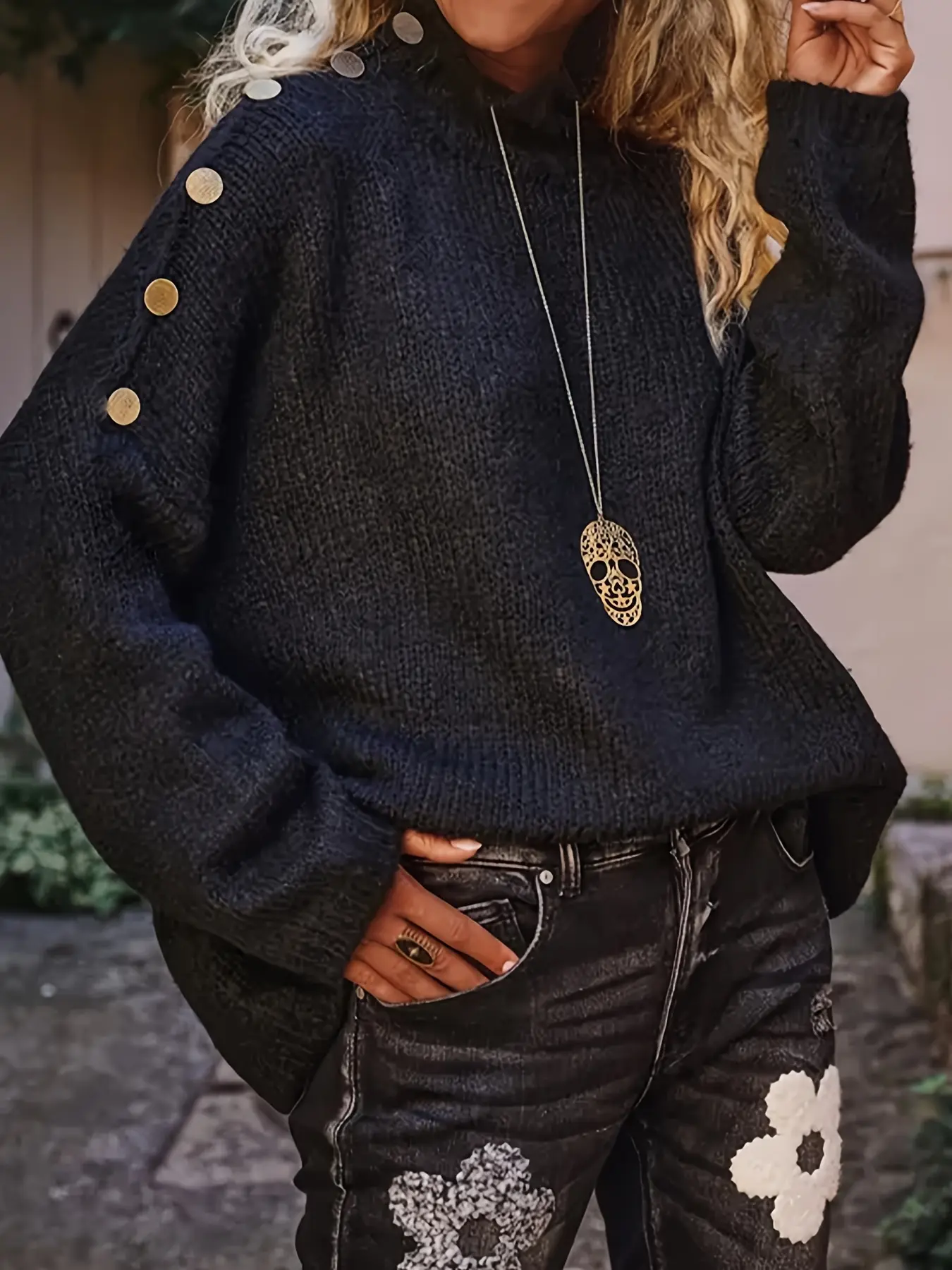 Women's French Elegant Gold Button Shoulder Sweater, Black Mock Neck Long Sleeve Knit Pullover, Ladies' Fall Winter Office Work Classy Top