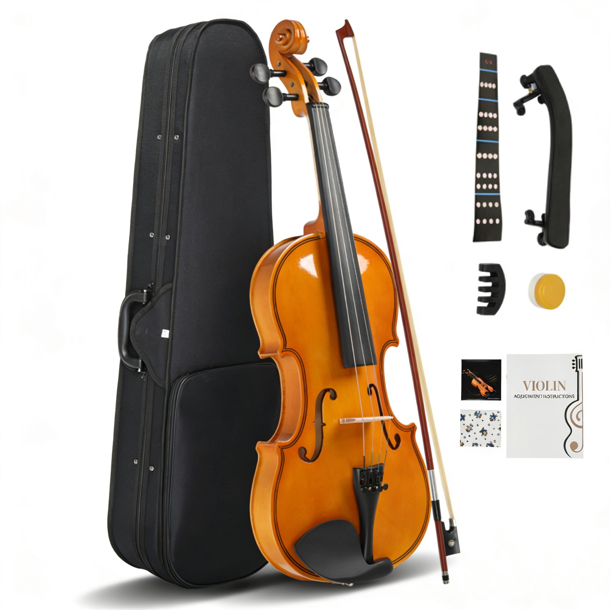 4/4 Full Size Kit For Beginners - Hand Carved Acoustic Violins Set - Fiddle Solid Wood Kit with Hard Case, Bow, Rosin, Shoulder Rest Full Size 4/4 Violin Set for Adults Beginners Students with Hard Case,Violin Bow,Shoulder Rest,Rosin,Extra