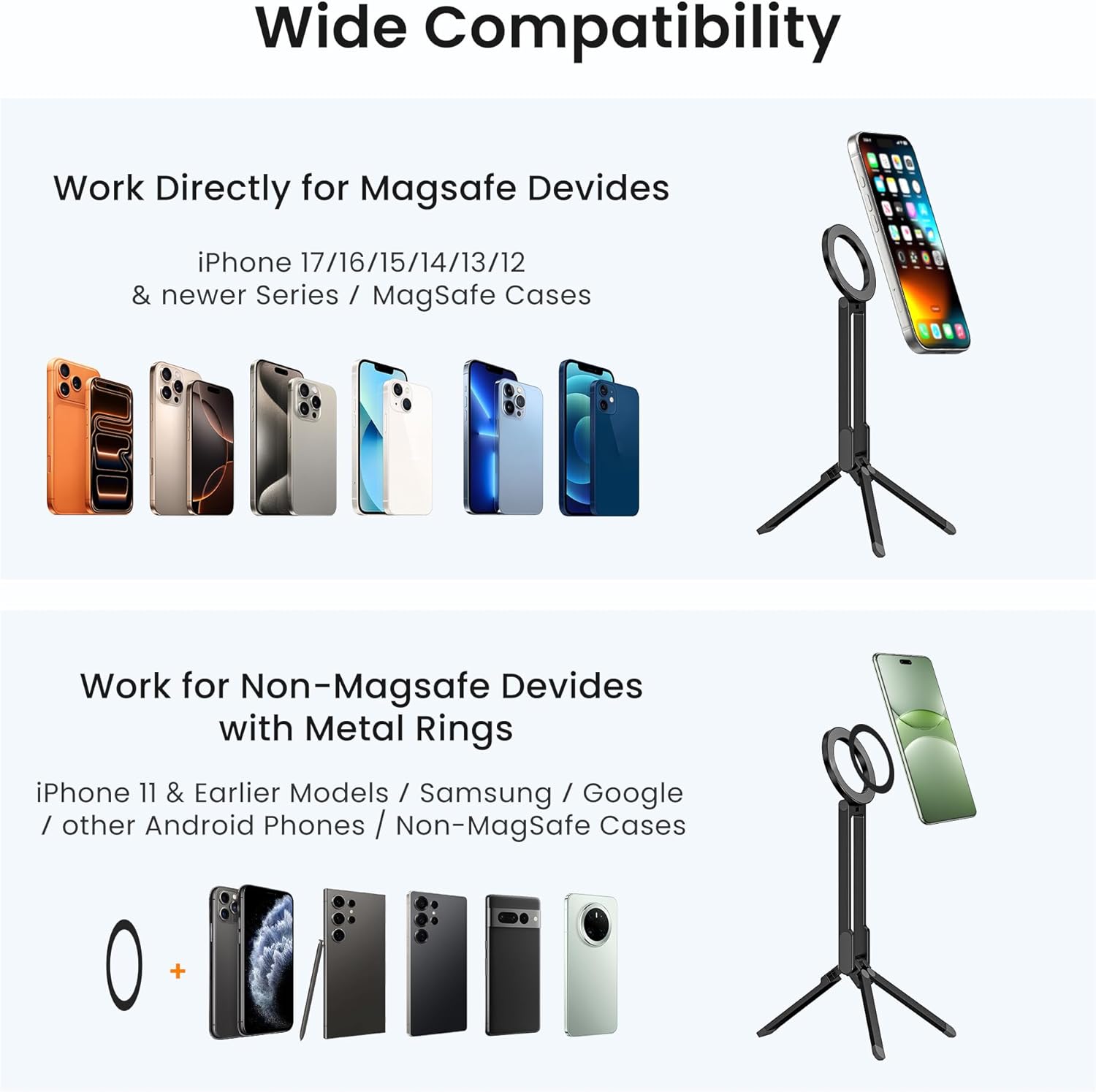 Magnetic Foldable Phone Tripod, Portable Adjustable Stand for iPhone MagSafe, Desk Travel Selfie Live Stream Holder