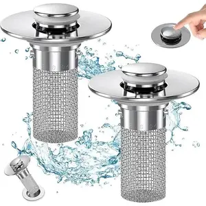 2-Pack Pop-Up Bathroom Sink Drain Strainer with Removable Stainless Steel Filter Basket - Universal Sink Stopper for Bathroom & Kitchen Basins