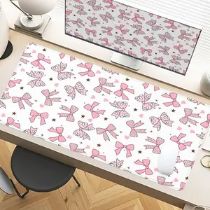 Pink Bow & Golden Stars Desk Pad Gaming Mousepad XXL Mouse Pad With Non-Slip Rubber Base Stitched Edges Surface For PC Gamers, Office Workers, Home Use, Office Desk Accessories, Valentine’s Day Gift