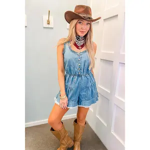 Scoop Neck Ruffled Denim Romper - Light Wash