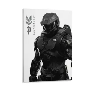 Halo Master Chief Spartan 117 Game Poster - Premium frameless wall art for gaming rooms, minimalist modern black and white illustration, the perfect gift for Xbox fans and collectors.