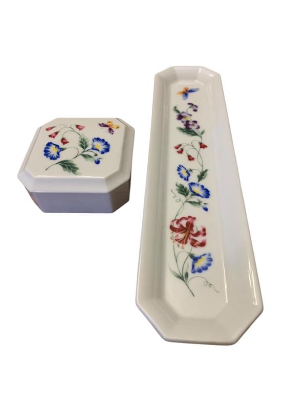 Avon Vintage Gallery Originals Porcelain Jewlery Watch Tray & Covered Box with Floral Design and Butterfly Motif