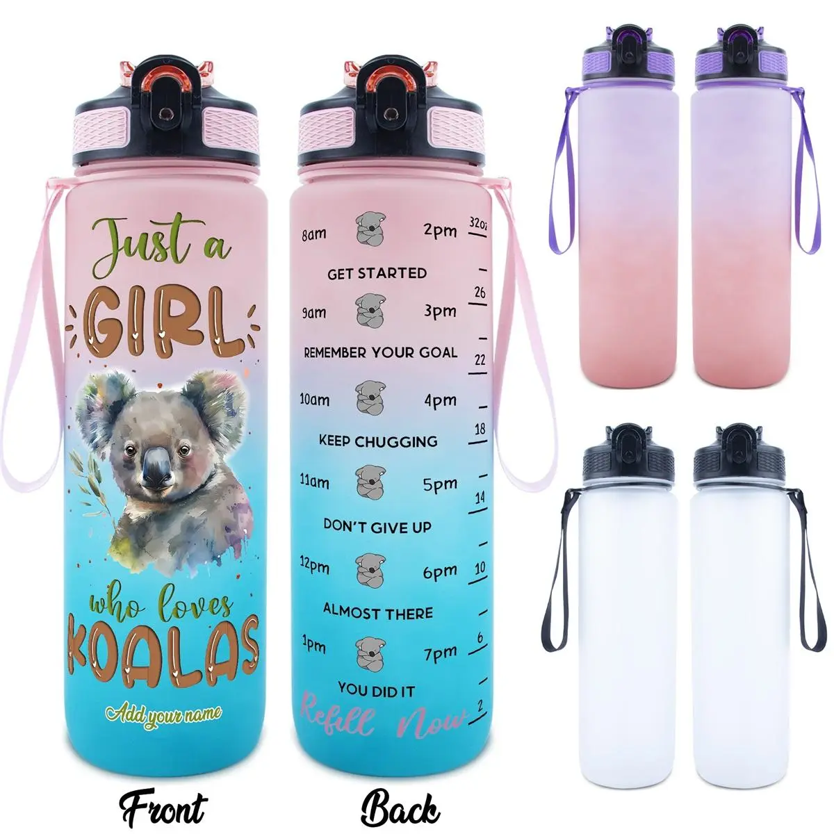 Koala Pattern Water Bottle, 1 Count 32oz Sports Water Bottle with Time Scale, Drinking Bottle for Home Office School Outdoor Camping, Drinkware