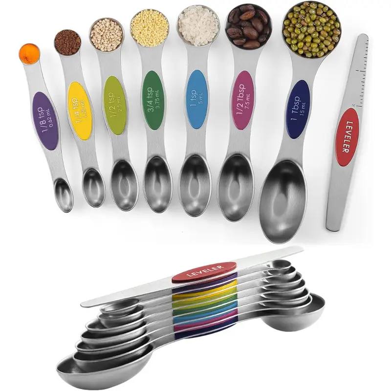 Stainless Steel Magnetic Measuring Spoons Set, Dual Sided, Stackable, Adjustable Teaspoon and Tablespoon Measure Spoon with Leveler, Kitchen Gadgets Set of 8