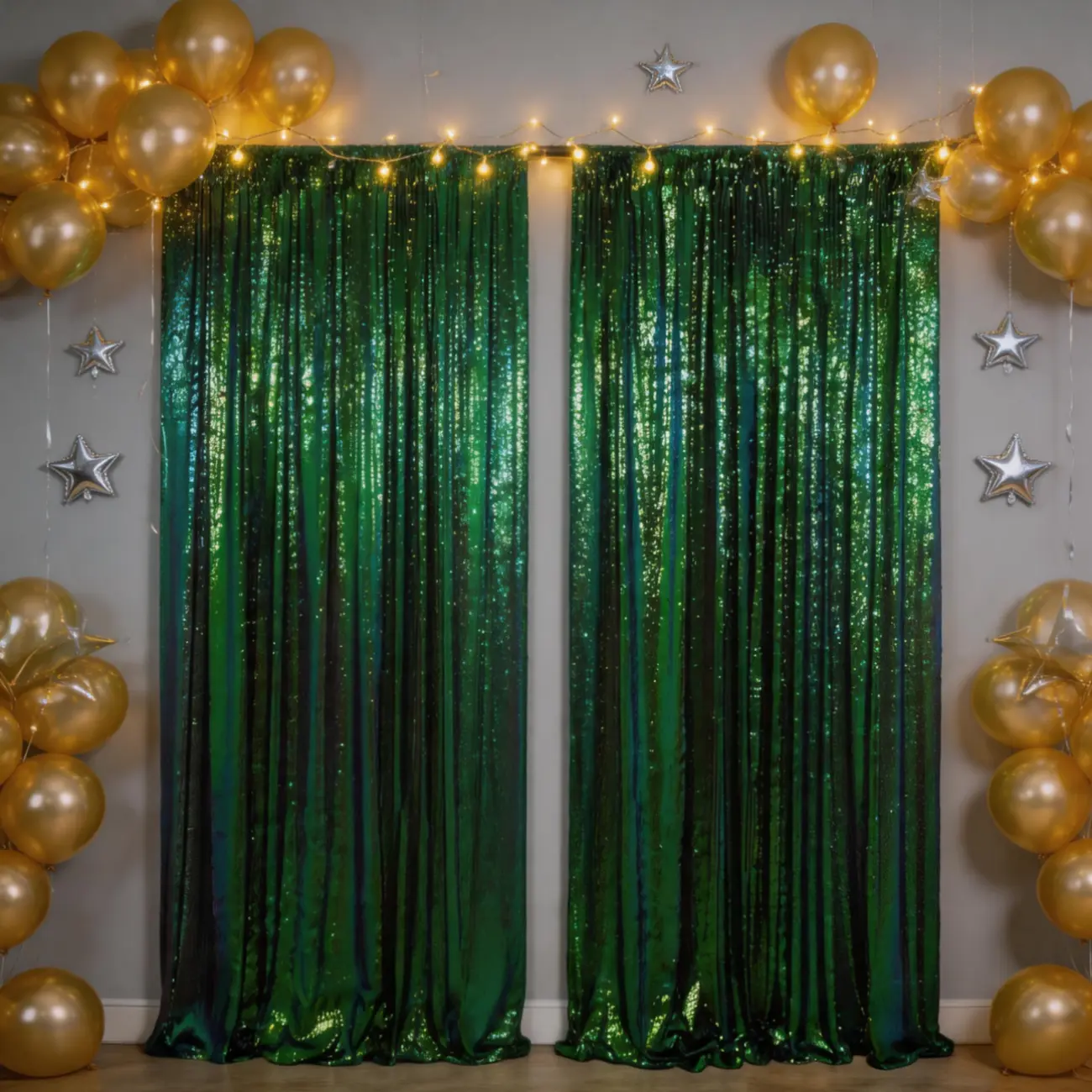 2-Piece Iridescent Green Round Sequin Polyester Photoshoot Backdrop Curtain - 10x10FT Total (5x10FT Each), Flash Effect Fabric, Wall/Banner/Window Decoration Props for Wedding Studio (Light-Compatible)