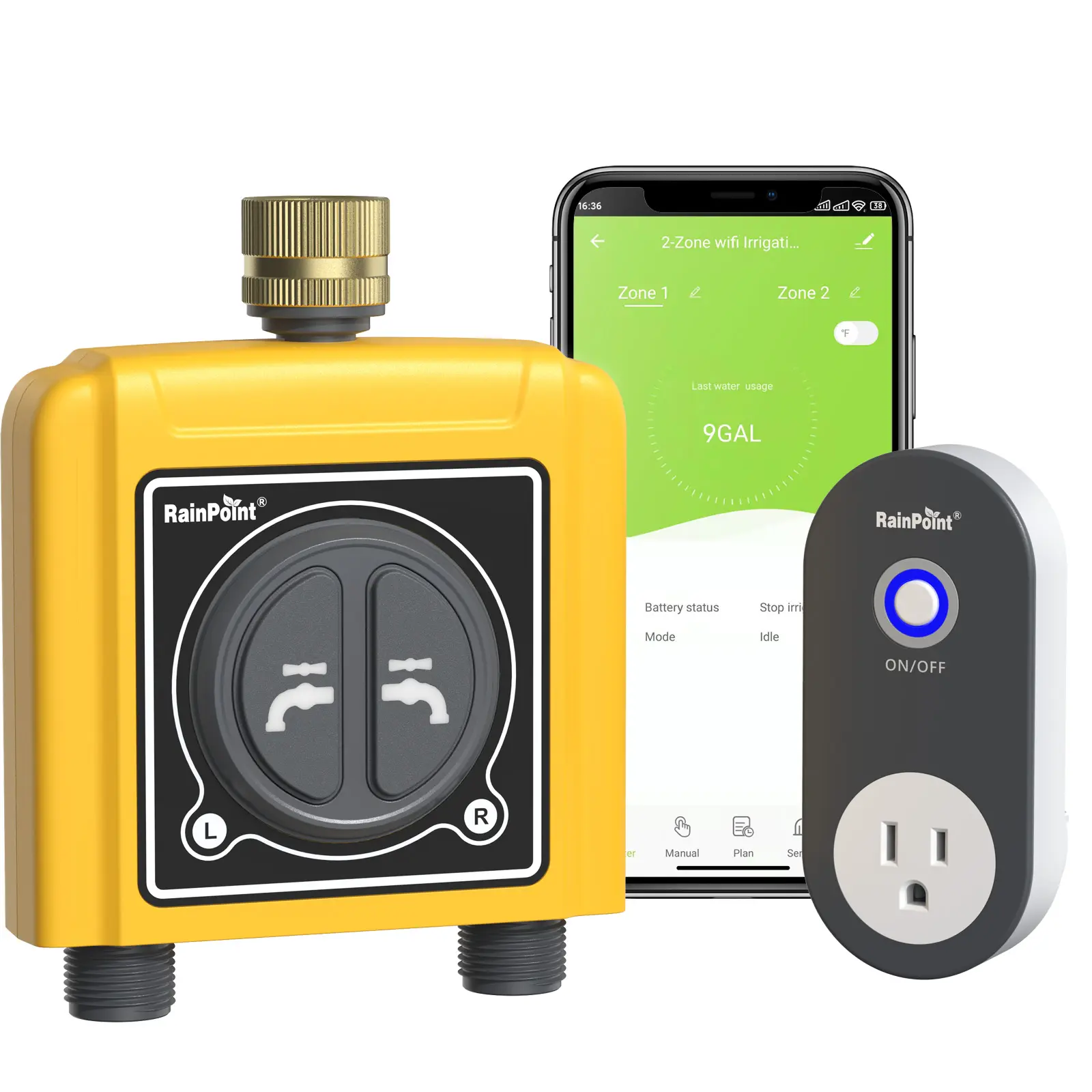 RainPoint WiFi Water Timer with Brass Inlet, 2 Zone Hose Timer for Lawn. Sprinkler Controller via APP/Voice Control, Automatic Watering System by Time/Weather/Quantity/Soil Moisture, 2 Independent Water Valves