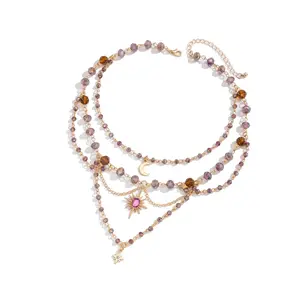 Alloy Necklace with Distinctive Moon and Tassels Charm Multi Layer Neckchain