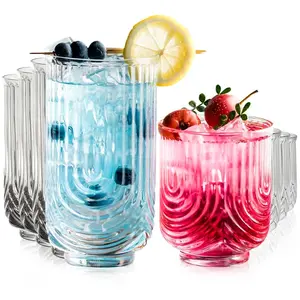 8 Pieces 14/12OZ Art Deco Cocktail Glass Highball Ribbed Glass Drinking Glass Set Unique Glassware Beverage Iced Coffee Cup Set Drinkware Bottles