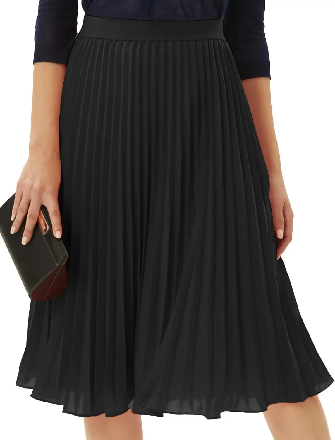 Pleated Midi Skirt for Women,Chiffon Elastic High Waist Knee Length Skirts,Swing Flare A-Line Outfits Gift