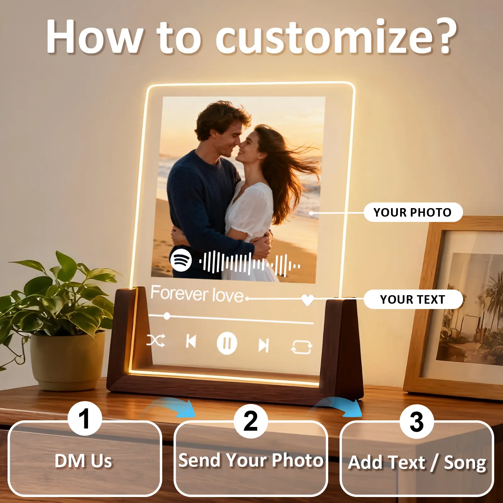Custom Spotify Music Acrylic Plaque, Personalized Song Code Memory Frame with Walnut Base (4/5/6/8 in), LED Light & Bluetooth Speaker Options, Gift for Valentine's Day, Anniversary, Birthday, Graduation